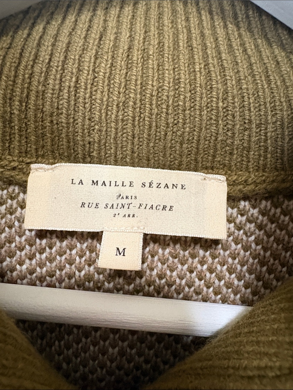 Sezane Olive, Pink & Cream Geometric Shawl-Collar Sweater - Picture 2 of 6